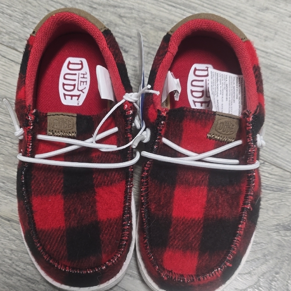Hey Dude Red Moccasins with Cozy Plaid Design
